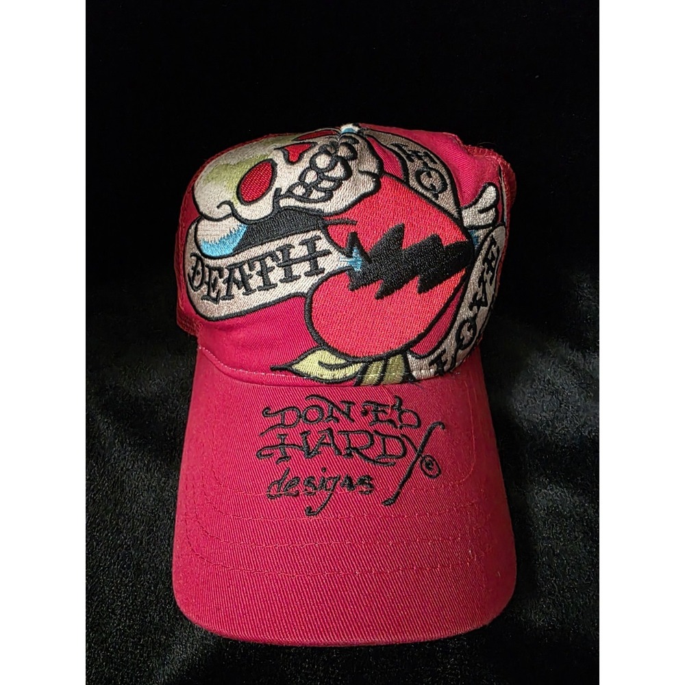 Don Ed Hardy Designs Hat Vintage Y2K Tattoo Red Mesh Embroider Skull Dragon H168